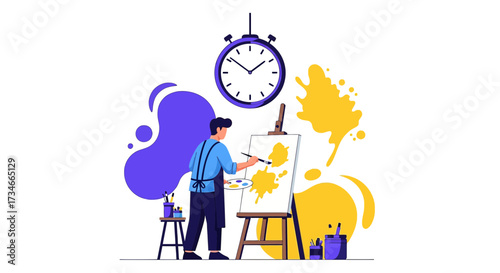 Creative process concept with artist painting on canvas near clock deadline in studio illustration