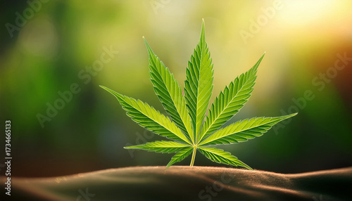Green Cannabis Leaf Close Up On Natural Background