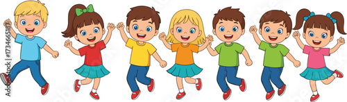 Happy group of children running together, smiling boys and girls playing outdoors, friendship fun activity, childhood lifestyle joy, teamwork illustration