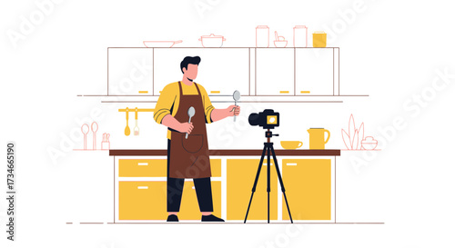 Culinary content creator filming cooking video in kitchen demonstrating food preparation
