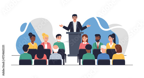 Diverse audience listening attentively to a speaker at a conference presentation