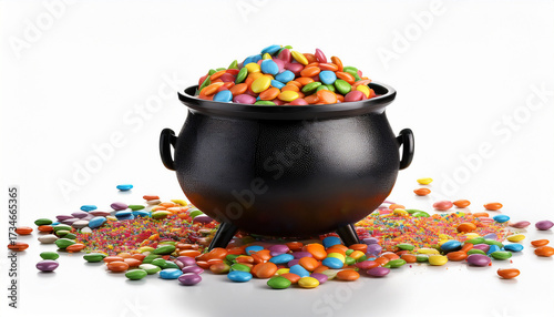 Black Cauldron Filled With Colorful Candy Sprinkles Isolated On White