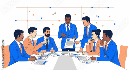 Diverse business team meeting and discussing documents at a conference table with a modern design