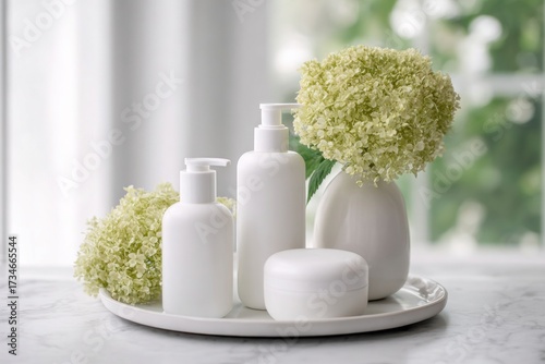 Blank Label Skincare Packaging and Hydrangea for Branding Presentation