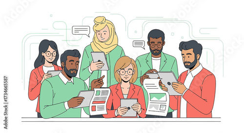 Diverse professionals collaborating digitally using tablets and documents for team project