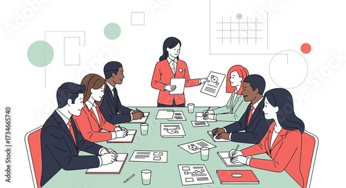 Diverse team collaborating in a business meeting illustration for company growth and strategy