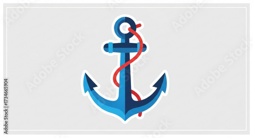 Blue anchor with red rope nautical symbol, marine emblem vector illustration
