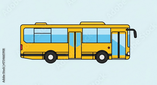 A yellow bus with black tires and blue windows on a light blue background, perfect for transportation and travel themes