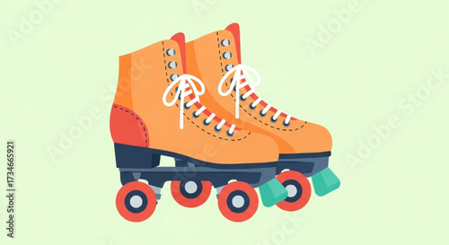 A pair of orange roller skates with white laces and red wheels on a light green background, perfect for retro and fun themes