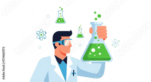 A scientist holding a green liquid in a flask on a, perfect for science and research themes