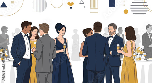 Elegant cocktail party illustration featuring stylishly dressed people socializing and celebrating