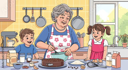 Grandmother baking cake with grandchildren in kitchen illustration happy family baking together home baking scene