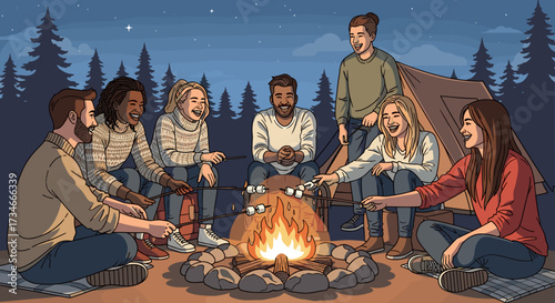 Group of friends camping roasting marshmallows around campfire at night forest adventure outdoor recreation trip