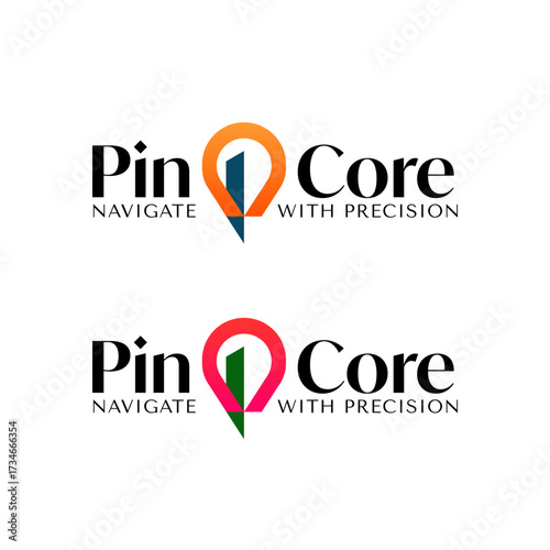 Modern logo design featuring a colorful navigation pin icon with geometric style and bold typography, symbolizing direction, accuracy, and technology. Editable Vector File

