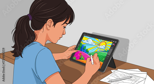 Digital art illustration of a girl drawing landscape on tablet using stylus for creative design project
