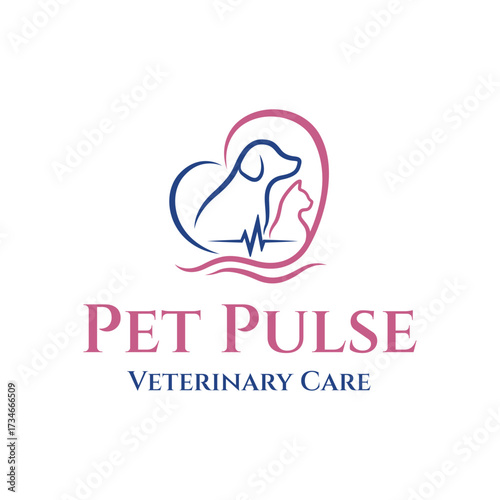 Modern logo design featuring a dog and cat inside a heart with heartbeat line, symbolizing pet care, veterinary service, health, and love for animals. Editable Vector File
