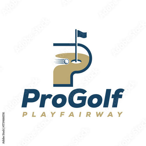 Modern logo design featuring a golf course with a flag hole and moving golf ball, symbolizing professional golf, sport, and fair play. Editable Vector File
