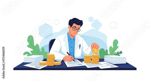 Financial assessment by a doctor concept illustrating healthcare cost analysis and insurance with