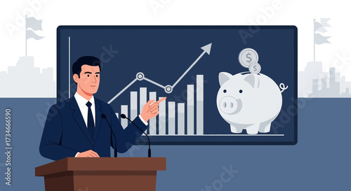 Financial speech of a politician about the importance of savings and investments for growth success