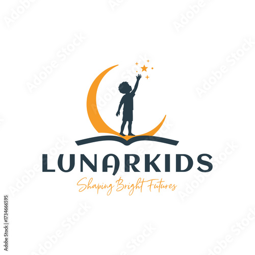 Creative logo for Lunar Kids featuring a child silhouette standing on an open book with a crescent moon and stars, symbolizing learning, dreams, and bright futures. Editable Vector File
