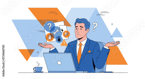 Frustrated businessman facing software bugs and technical issues at his working place