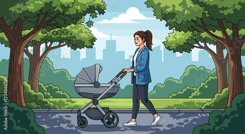 Woman walking with baby stroller in park illustration vector art background city skyline outdoor scene