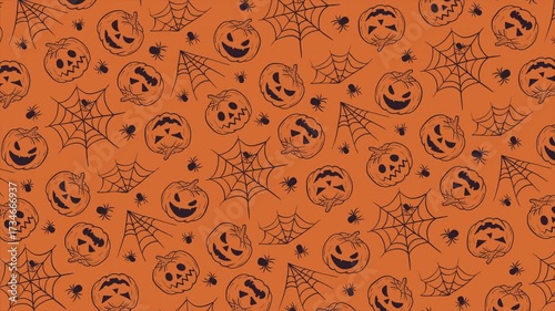 Hand drawn Halloween background with pumpkins and spiders