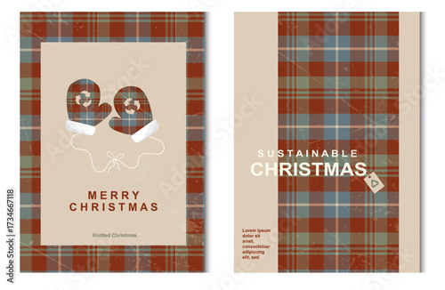 Sustainable Christmas Greeting Card with Knitted Plaid. Eco-friendly Christmas card set featuring knitted mittens on vintage background.Ethical christmas with tartan pattern design.Vector illustration