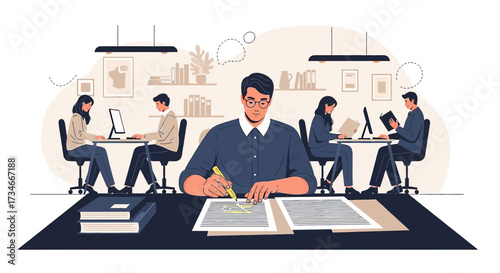 Illustration depicting a group of professionals working collaboratively in a modern office space