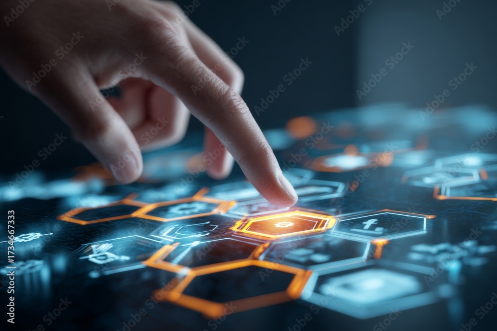 Naklejka premium Futuristic Touch Interface with Hand Interacting with Digital Icons Representing Technology and Industry on a High-Tech Background