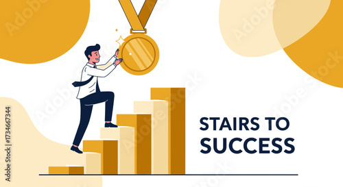 Illustration of a businessman climbing stairs towards a golden medal symbolizing success and