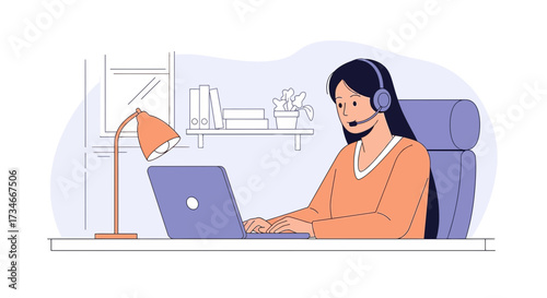 Illustration of a focused young woman working from home with laptop and headset