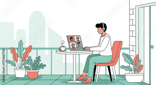 Illustration of a man working remotely on a balcony with a city skyline view background