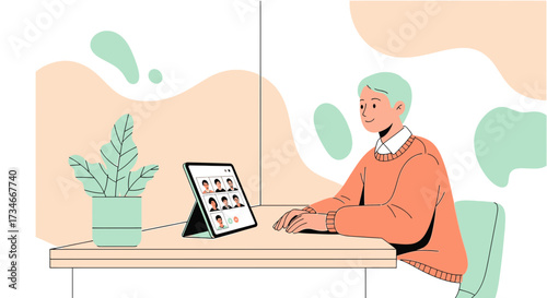 Illustration of a person attending a video conference on a tablet in a modern setting