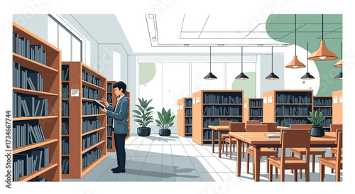 Illustration of a modern library interior with a student browsing bookshelves and desks