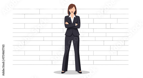 Illustration of professional woman in suit standing confidently against brick wall for business concept