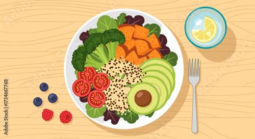 Illustration of a healthy balanced bowl with vegetables quinoa and avocado for diet and nutrition one hundred