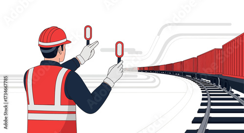 Illustration of a railway worker signaling a train with stop signs for safety procedures