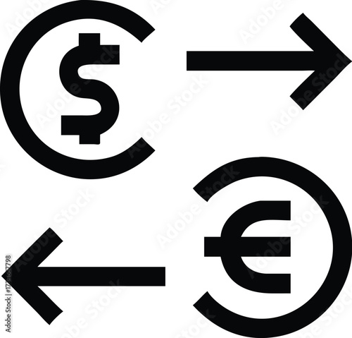 A dual currency symbol showing the US Dollar and Euro, representing exchange rates, foreign money, travel, and international business.