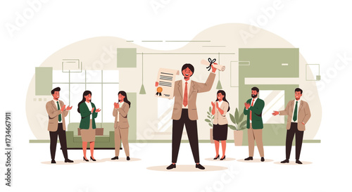 Illustration of a successful employee receiving recognition with colleagues applauding