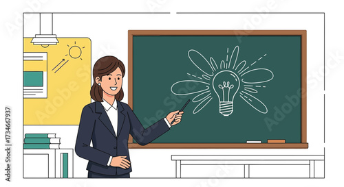 Illustration of a teacher explaining an idea with a light bulb drawn on a blackboard