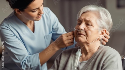 Wallpaper Mural Caregiver adjusting oxygen mask for elderly patient in a cozy home setting, highlighting compassion and health Torontodigital.ca