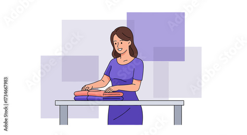 Illustration of a woman folding clothes on a table with purple background shapes