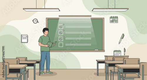 Illustration of a teacher with a checklist in a classroom for educational content
