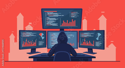 Cybersecurity threat intelligence analyst working on multiple monitors in a security operations center soc