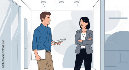 Illustration of two business professionals in a modern office setting discussing ideas