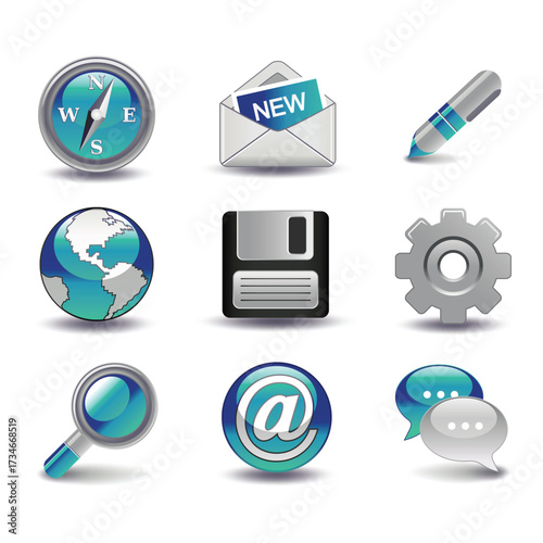 This communication icons set includes essential web and internet symbols for business design, such as mail, phone, contact, home, and mobile vector icons