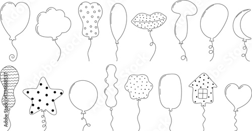 Set of hand drawn outline balloons in various fun shapes including heart, star, cloud, moon, house, lips and more. Black and white doodle style illustration perfect for party decoration, kids design, 