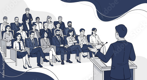 Illustrative business conference with diverse audience listening to a presentation session