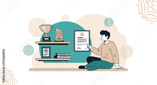 Man admiring awards trophies and certificate of achievement with elegant design